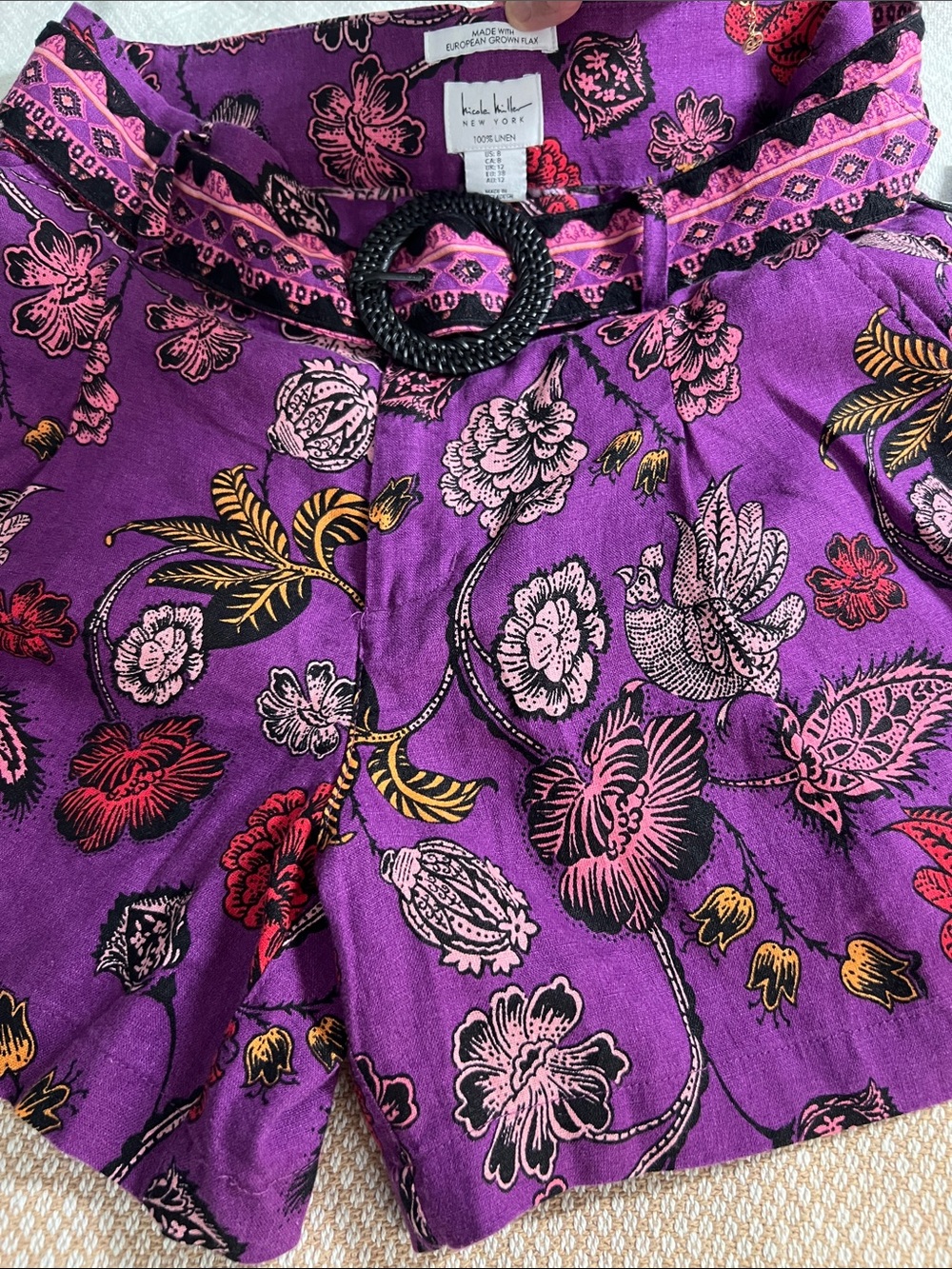 Nicole Miller  Purple linen Floral High-Rise Belted Shorts